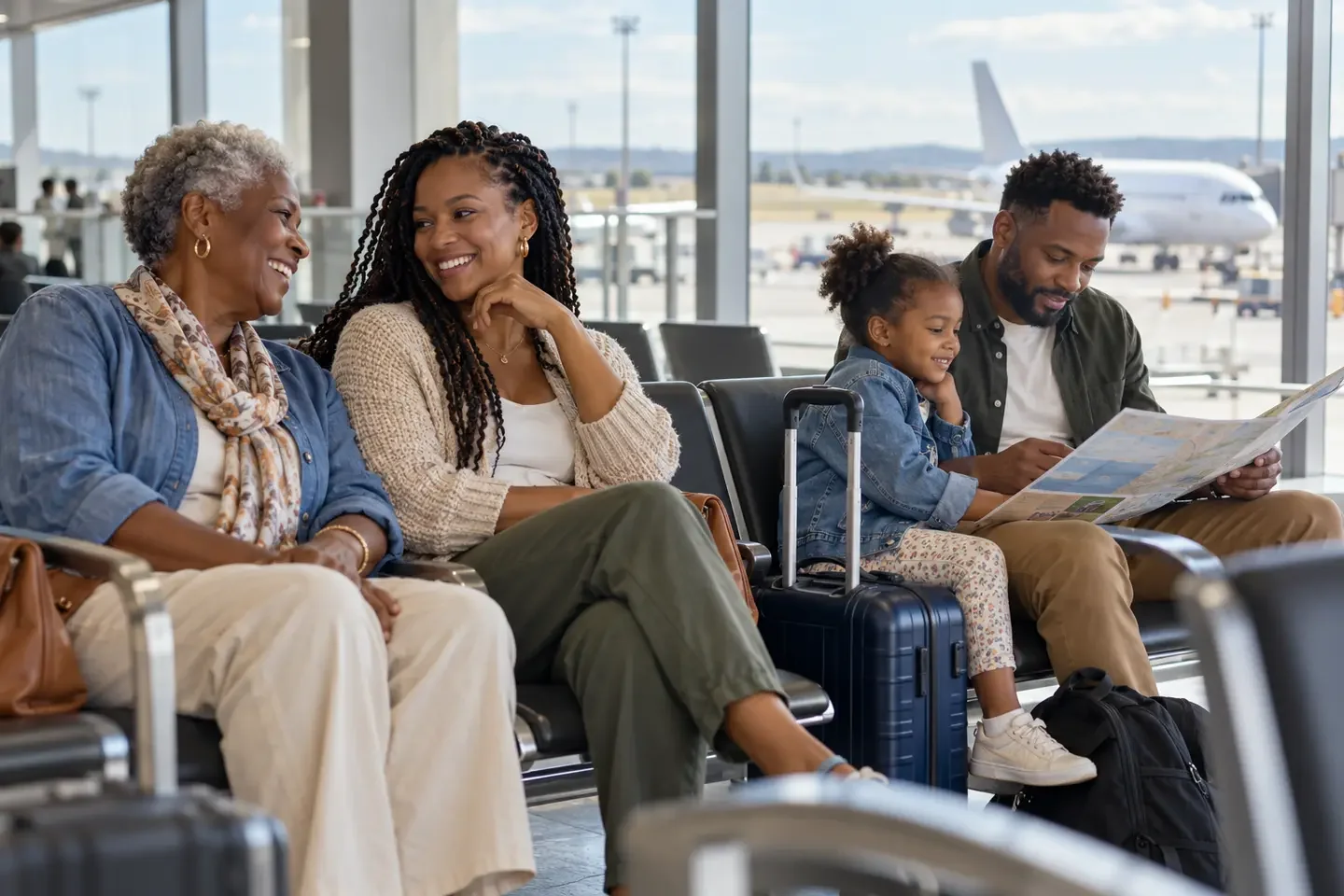 A family sharing a warm welcome at the airport